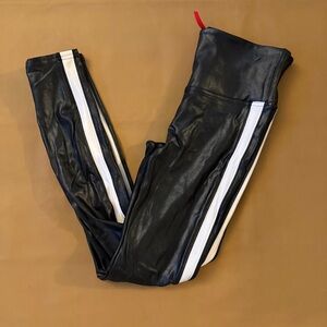 Spanx Black Faux Leather Pants with White Stripes